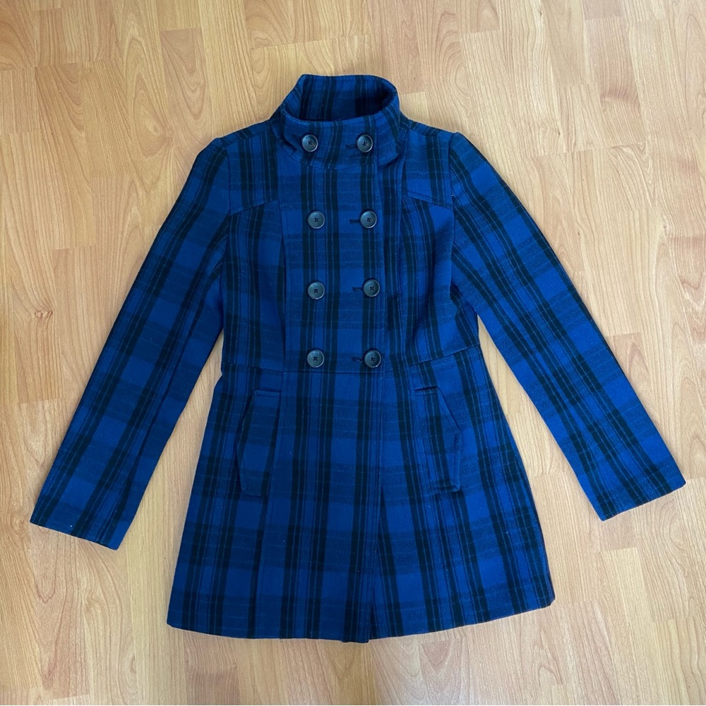 Old Navy Women’s Blue & Black Plaid Button Up Pea Coat Size XS